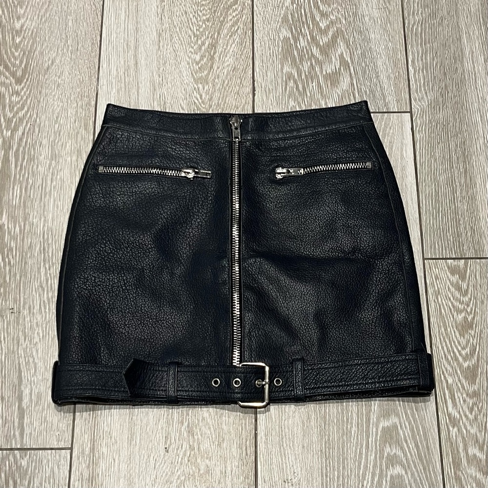 KAHLO 100% Leather Blue Grey Belted Biker High Waist Mini Skirt Size XS